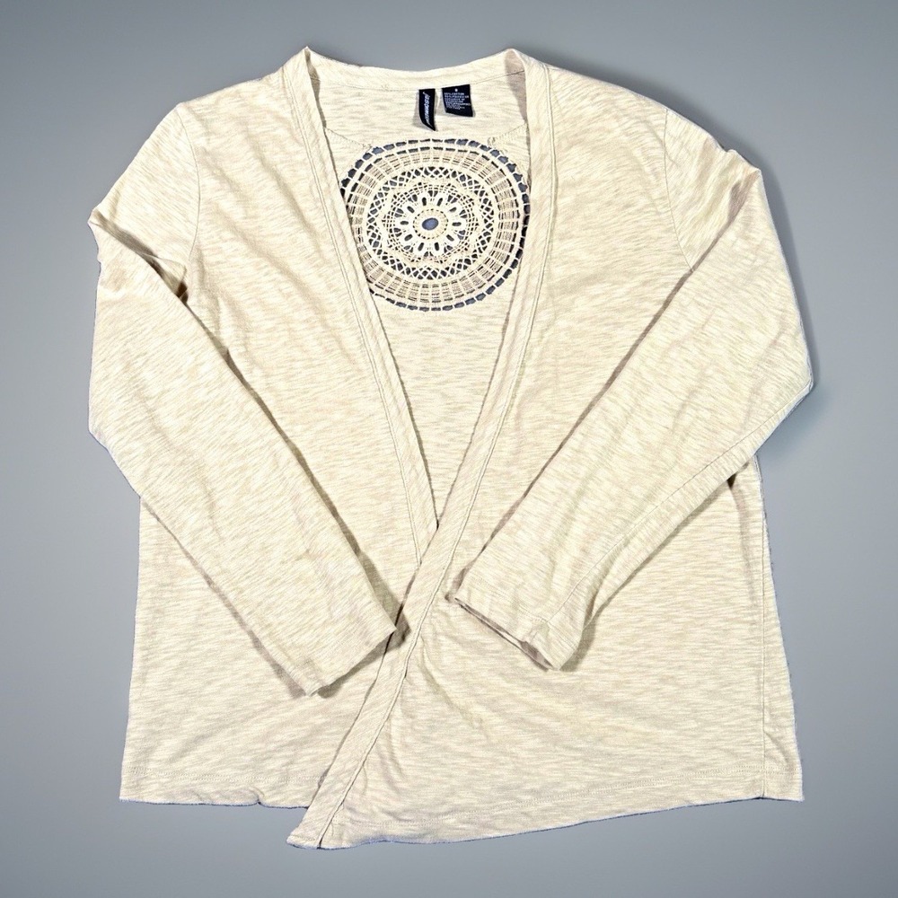 Jason Maxwell Cardigan Small Beige Crochet Medallion Back Open Boho Lightweight